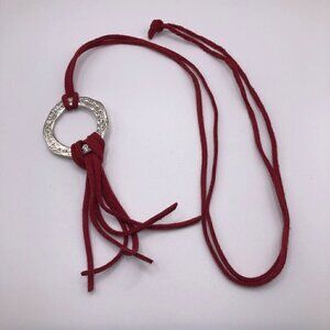 Boho Red Tassel Silver Circle Necklace 24”